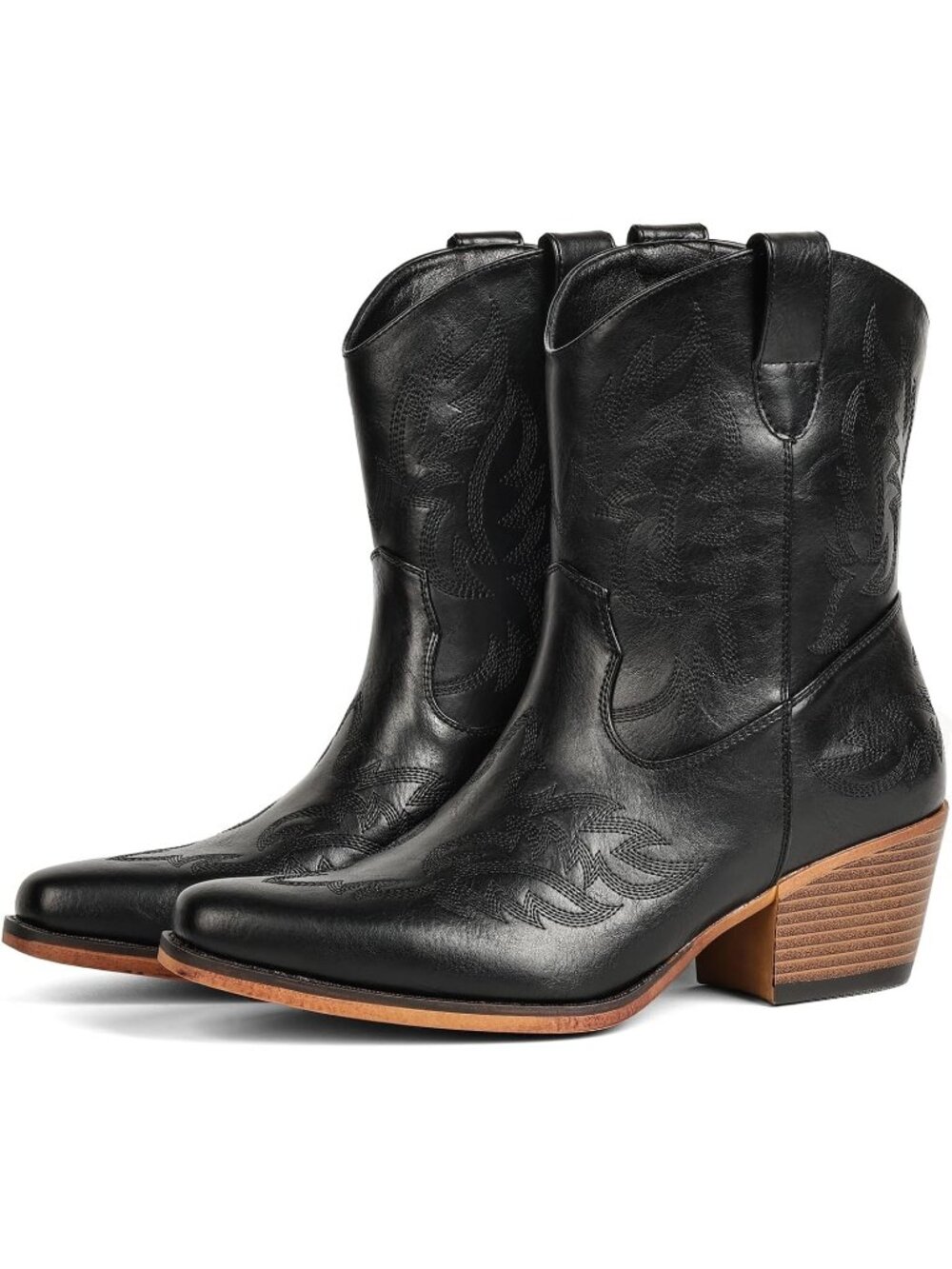 Women's Black Pointed Toe Western Faux Leather Chunky Cowgirl Ankle Booties